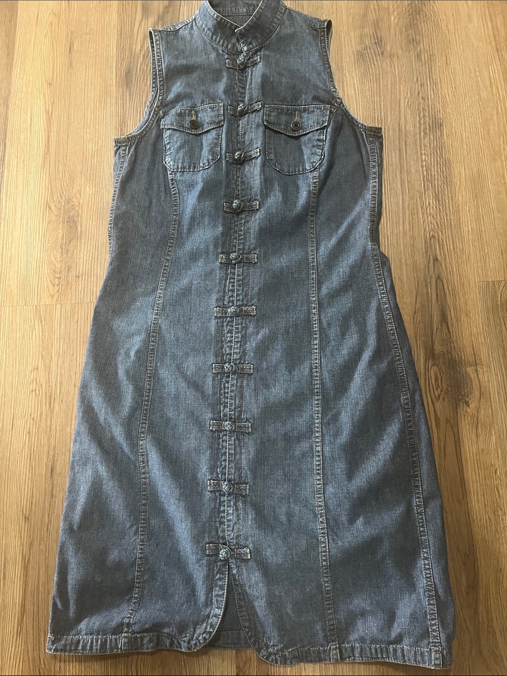 Ralph Lauren Jeans Dress Sleeveless blue Denim Mandarin Collar frog button 8P
